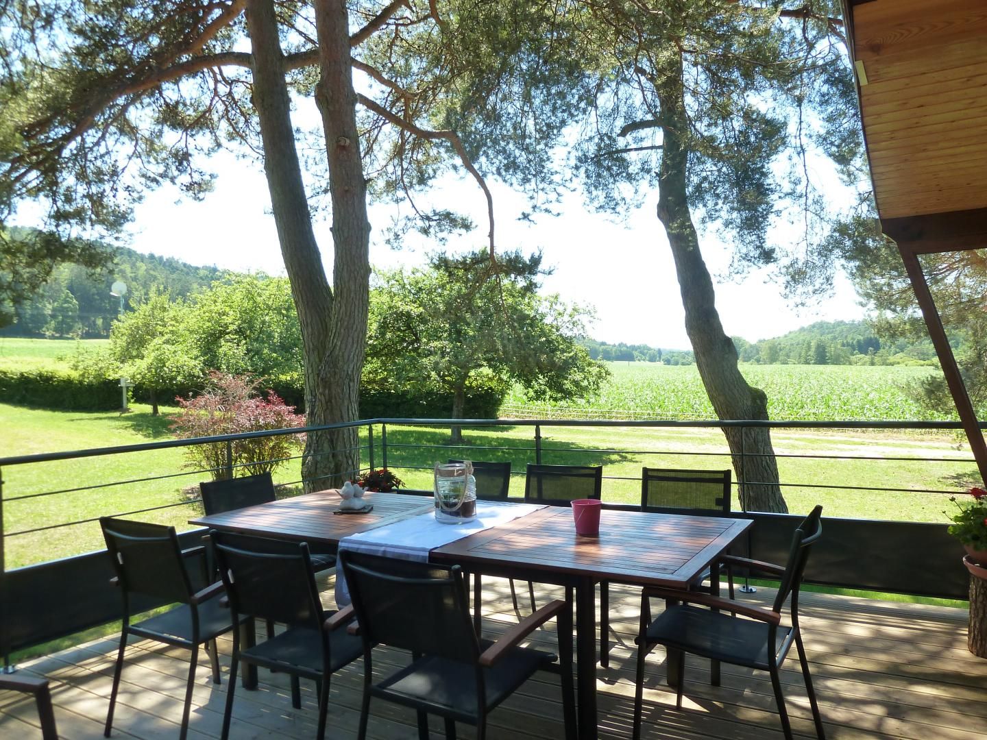 Table sur terrasse donnant sur le jardin et les Vosges