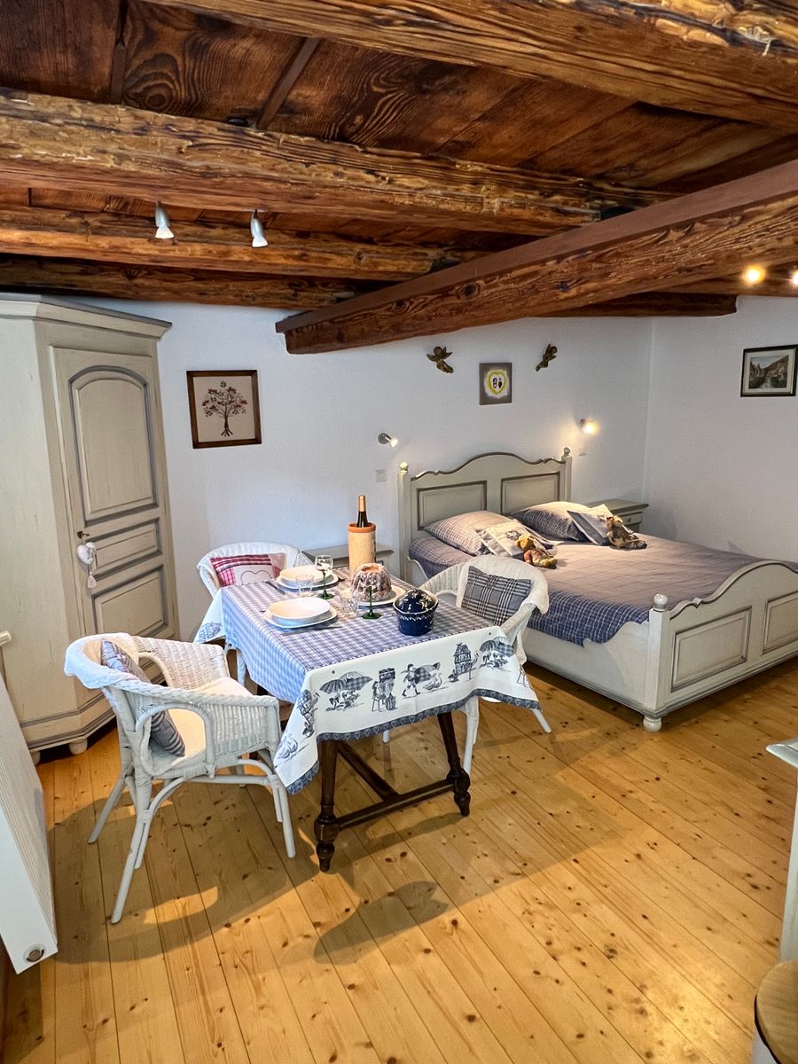 Charmant studio alsacien, alliant authenticité et confort. Ambiance cosy avec poutres apparentes, parquet en bois et mobilier rustique. Espace repas et lit douillet pour un séjour chaleureux au cœur de l’Alsace. Idéal pour une escapade romantique !