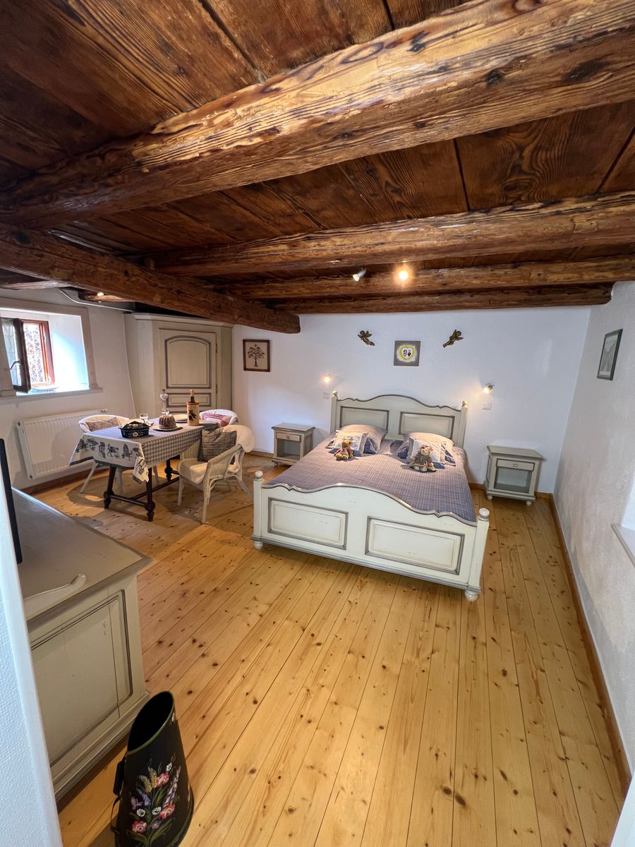 Charmant studio alsacien, alliant authenticité et confort. Ambiance cosy avec poutres apparentes, parquet en bois et mobilier rustique. Espace repas et lit douillet pour un séjour chaleureux au cœur de l’Alsace. Idéal pour une escapade romantique !