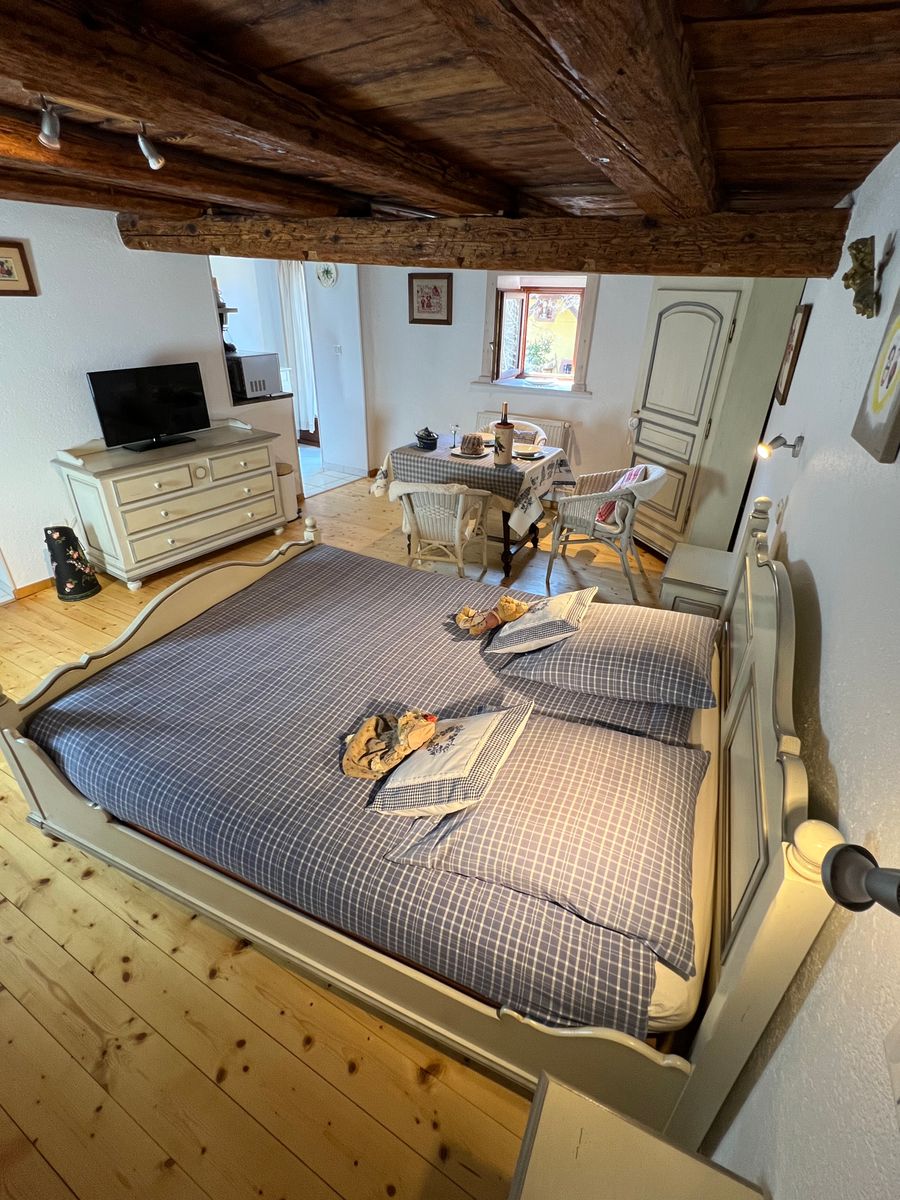 Chambre cosy, avec lit double confortable et ambiance chaleureuse. Poutres apparentes, mobilier rustique et détails soignés pour une nuit reposante en Alsace.