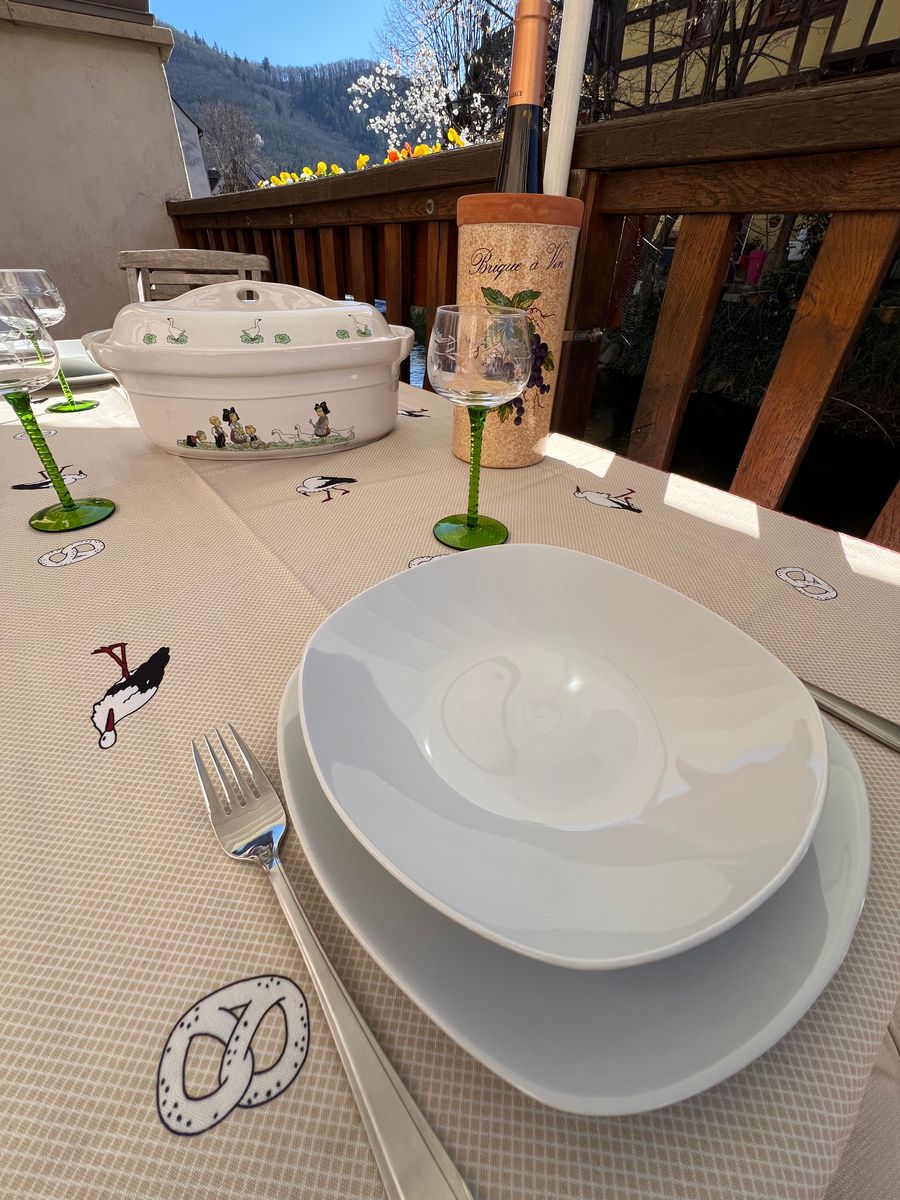 Savourez un moment convivial sur la terrasse au bord de la Weiss. Une table élégamment dressée, un bouchon de vin typique et une terrine alsacienne vous plongent dans l’authenticité locale. Détente et gastronomie dans un cadre enchanteur !