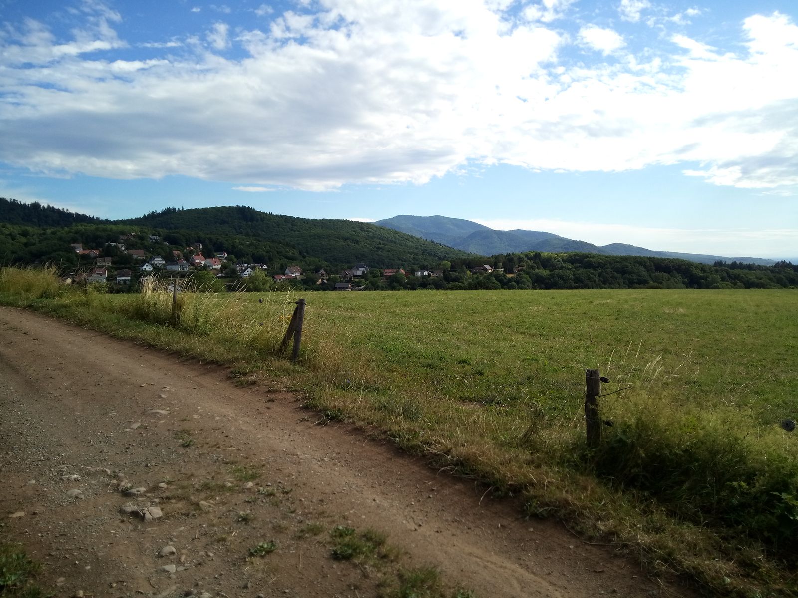 Pré avec vue sur le village et le massif vosgien